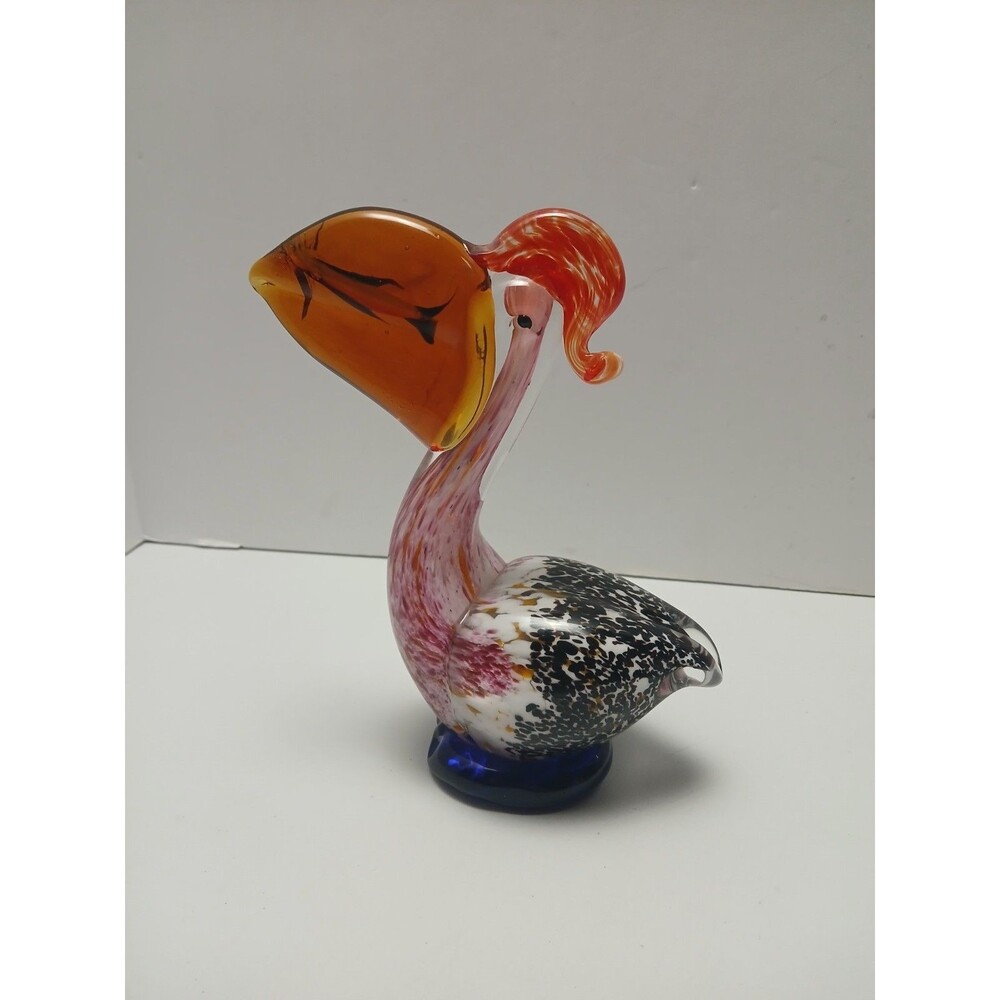Murano Style Art Glass Pelican Bird With Fish In Mouth Handblown‎ Sculpture 7 "